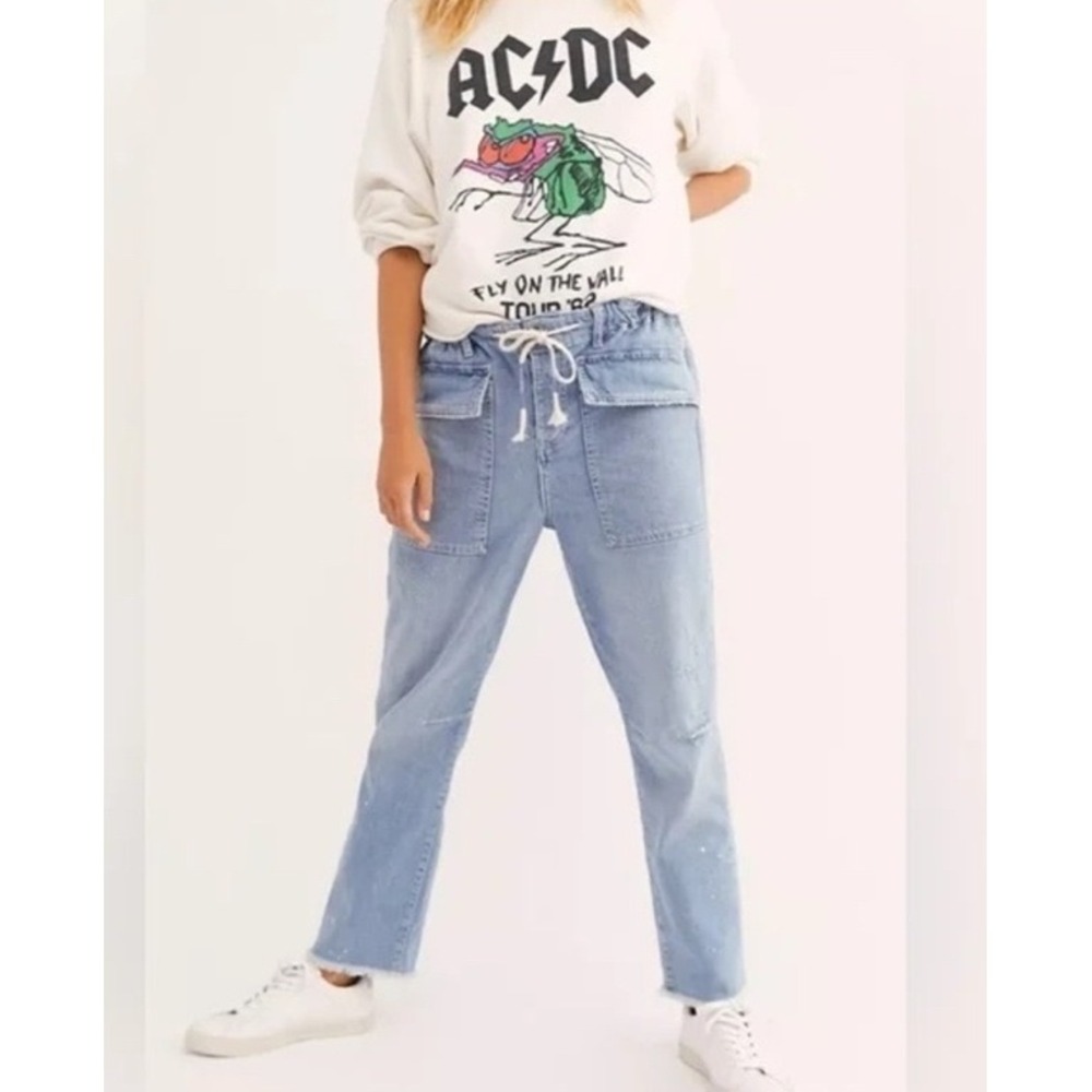 We The Free City Slouch Tapered Jeans L Blue Paperbag Drawstring Barrel Raw Hem